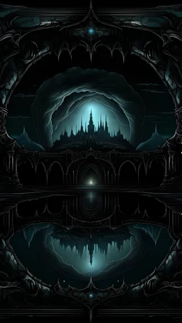 dark, gloomy and detailed landscape inspired by chrono trigger, mirrored by the sky, dark fantasy style