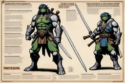 character concept sheet with AD&D statistics and characteristics, [high res illustration by Kevin Eastman and Peter Laird for TMNT module T04] leonardo's katana, michelangelo's nunchaku, donatello's bo staff, raphael's sai