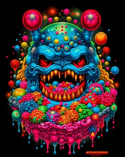 Monster made of ice cream, candy, gum drops, sprinkles tattoo design, traditional tattoo style, t-shirt design, fantasy art, digital painting, clean dark background, 8K by R. crumb, Todd Schorr, Robert Williams, Alex Alemany