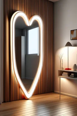 Bedroom with Vertically heart shaped standing mirror with white led lights around it.