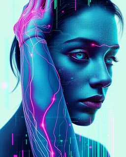 futuristic double exposure artwork where human features are fused directly with digital and technological elements like circuits, holograms, and data streams. For example, the veins in the arm could transform into glowing wires, or the face could dissolve into a grid of pixels. Avoid sharp outlines and instead use smooth transitions and overlapping textures to create a seamless blend. Use neon colors like electric blue, magenta, and green for a cyberpunk-inspired aesthetic. Style: sci-fi surreal