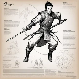 character concept sheet with AD&D statistics and characteristics, [high res pen sketch with a lot of strokes in stippling for Sakra module B3] Donnie Yen as Kiu Fung with jumping with his short staff