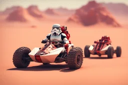 lowpoly storm trooper driving highly symmetric metallic rocket propelled mad max ATV that looks like a helmet with rounded glass bubble roof in red desert, bokeh like f/0.8, tilt-shift lens 8k, high detail, smooth render, down-light, unreal engine, prize winning