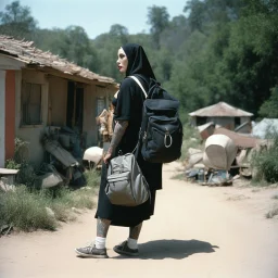 (high res photo by Russ Meyer) Clara, the tattooed free spirit, gangsta nun, burdened with two backpacks, one on her back and one on her front. Is she moving from one house to another or embarking on a vacation to camp? Difficult to say. The constant pressure to keep those worlds coming. The weirder, the better. The weight of the backpacks, the burdens she carries, both physically and metaphorically. Clara seeks solace in the freedom of movement.
