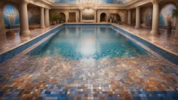 Superb pictorial multicoloured mosaic floor, walls with pictures of bathers and swimmers, swimming pool, water feature, relaxation, luxury, dream world, calm beauty, symmetry, fantasy world, magic, beautiful composition, exquisite detail, 135mm lens, adjust perspective, chiaroscuro, dynamic lighting