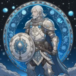 Please create an image for a 30-year old aasimar male with silver hair and a short, square beard and blue eyes. He is standing outside in the moonlight wearing plate armor and wielding a shield and a mace. His equipment is adorned in multiple places with crescent moons and stars