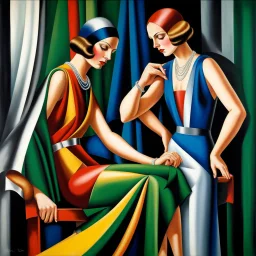 Two 1920s tailor women making an art deco dress,by artist "Tamara de Lempicka",highly detailed elegant beautiful crisp quality, colourful