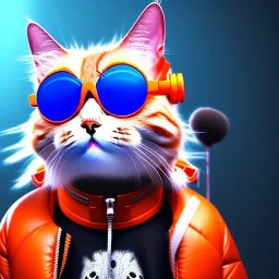 Scottish cat toddler, smile, cyberpunk headphone, sunglass, gangsta neckless, full body, orange puffer jacket, tokio background, dramatic lighting, hyper realistic, unreal engine 5, 16k