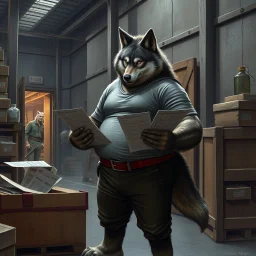 a fat anthropomorphic wolf-man wearing t-shirt pants and red belt around his waist looking at several item lists in his paws in a large warehouse, around some boxes and wooden crate, an another anthropomorphic wolf-man just half visible in the doorway as he looks at him, detailed, realistic, sci-fi, anthro mood, fantasy