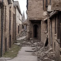 uma cidade medieval com ruas em ruínas com várias casas destruidas e deteriorados pelo tempo depois de sofrer um ataque de deminios