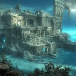 lost underwater city, Poseidon, highly detailed, cinematic, ultra photorealistic, ultra realistic, volumetric lighting, sun shafts, spectral, 4k, 8k, fish swimming around, murky, coral reef, shipwreck