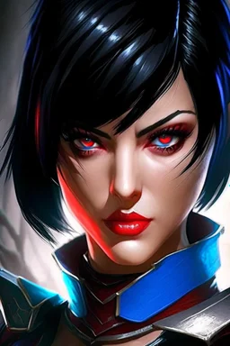 Fiora in kombat, blue eyes, short black hair, black and red details, league of legends