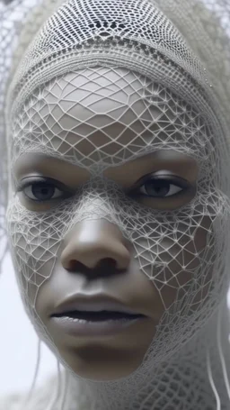 A long hyperrealistic zoomed out shot of a queen face of the barbar tribes all in white head out of a white spider web, intricate details, soft natural light, screen captured from 4K Blu-ray. All white background