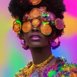 full body shot, masterpiece, best quality, man of median age, black skinned, sparkling eyes, fluorescent skin, colorful makeup, afro, highly detailed body, afrofuturism, scifi, sun light, 4K, RAW, depth of field, high contrast, realistic details, 24mm