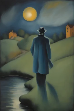 An oil painting in the style of Chagall. The ghostly figure of a man in the night, who is a private detective in a raincoat, half turned toward the viewer. He is observing the wall of a provincial manor on a hill, with a brook and some bushes.