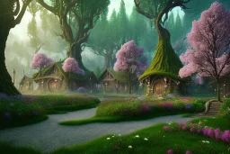 Immersive​ fantasy elven town in the deep green forest with beautiful flower pink tree