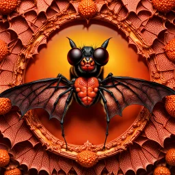 A national geographic award skin color patterned like a poisinous incect or reptile, horrorcore, science gone crazy, winning photograph of of a bat spider housefly hybrid in nature and on the hunt, 64k, reds, oranges, and yellows anatomically correct, 3d, organic surrealism, dystopian, photorealisitc, realtime, symmetrical, clean, 4 small compound eyes around two larger compound eyes, surrealism telephoto dynamic lighting 64 megapixels Unreal Engine volumetric lighting VRay