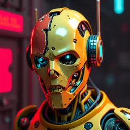 a damaged cyberpunk robot, bright colours, futuristic, dystopia, stylised, digital art, 3d render