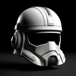 Generate a high-definition square image that focuses on a minimalist and geometric interpretation of a space trooper helmet, commonly associated with the Star Wars universe. The helmet should be viewed frontally and fill most of the frame, with sharp, clean lines defining its silhouette and features. Emphasize the helmet’s smooth curves and the iconic eye slits and mouth grill using a monochromatic color scheme. The background should be pure white, devoid of any additional elements or decoration