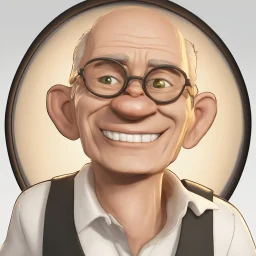 a portrait of smiling man. caricature. black rare hair. light brown skin. black eye pupils. circle eyeglasses, thin gold frame. rectangle face shape. white shirt with black vest. pixar style. 3D. 4k. portrait. highly detailed. sharp focus. high resolution. full color. cinema lighting