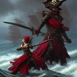 a pirate warrior in dark red and black full battle armor, a highly detailed illustration, background of giant crashing ocean waves, realistic render, 8 k, micro detail, intricate, elegant, centered, digital painting, Artstation, smooth, sharp focus, illustration, artgerm, tomasz alen kopera, peter mohrbacher, donato giancola, joseph christian leyendecker, wlop, boris vallejo