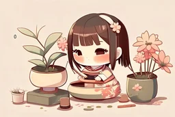 contented cute chibi girl making ikebana