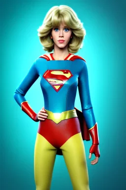 portrait, blonde, Jane Fonda, make-up, happy, Realistic image, retro pop, 60s, supergirl, tights minimal dress, sweat, Color background, photo studio, concept art, smooth, unreal engine 5, god lights, ray tracing, RTX, lumen lighting, ultra detail, volumetric lighting, 3d, finely drawn, high definition, 4k.