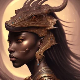 sango fantasy, fantasy magic, intricate, sharp focus, illustration, highly detailed, digital painting, concept art, matte, masterpiece alligator head sexy lady body black African beauty space lady one tiger skin wearing African hair one head space background