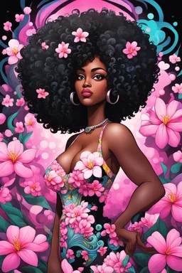 create a psychedelic digital enhance cartoon art style image with exaggerated features, 2k. cartoon image of a curvy size black female looking off to the side with a large thick tightly curly asymmetrical afro. Very beautiful. With pink and white plumeria flowers