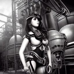 great illustrator, spanish, realistic rendering of a cute girl, beautiful, steampunk syle, black and white. Helmet with tubes. breathing mask. Machinery in the background. robotic bird flying. High details. 4k. unreal engine