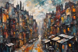 palette knife painting of a surreal cyberpunk city , in the Expressionist style of Egon Schiele, Oskar Kokoschka, and Franz Marc, highly detailed in muted natural colors with fine detail outlining and shading