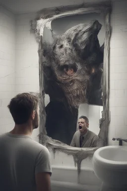 a man looking into a shattered bathroom mirror and seeing a horrifying, abstract deranged monster in his reflection
