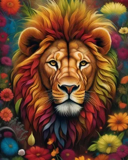 A visually stunning front cover adorned with a multitude of colorful wildflowers, forming a vibrant tapestry that seems to burst forth from the page. At the center of this floral arrangement, a majestic lion stands proudly, its mane flowing in the wind, its piercing gaze fixed upon the viewer. The lion symbolizes strength, courage, and leadership - qualities that we can all aspire to cultivate within ourselves. Surrounding the lion are various other animals, each representing a different aspect