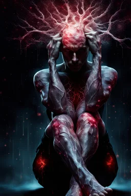 a photorealistic 12k ultra definition of a beautiful man, he is captured in a mysterious stretching pose with face slightly hidden, his full body exposed to reveal cancer cells. it grows on his skin roots and cells,,dark and mysterious lighting in background , epic, gothic photography , explosive and chaotic background, splatter paint