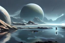 exoplanet, stream, water reflection, people, sci-fi.