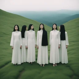 a group of women standing on top of a lush green hillside, inspired by Ren Hang, design milk, long black hair, whites, wanderers traveling from afar, trending on artisation, cloning spell, coat pleats, in twin peaks, submarine, by Helen Thomas Dranga, symetry, round-cropped, noire photo