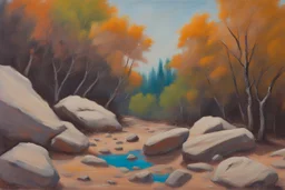 Trees, rocks, one person, 2000's sci-fi films influence, otto pippel impressionism painting