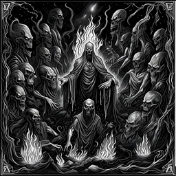 monochromatic Black Metal album cover of ghosts and demons surrounding a fire but surrounded in darkness