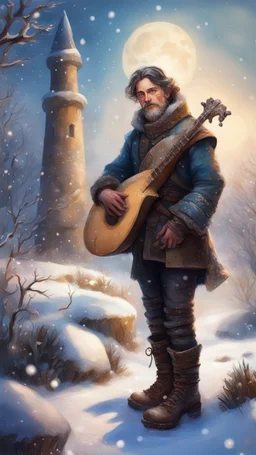 postcard portrait of bard man with old boots, sword and lute in the snow garden holding a tower fortification, magazine cover illustration with oil paint and spray paint, signed, bokeh like, down-light, unreal engine, prize winning