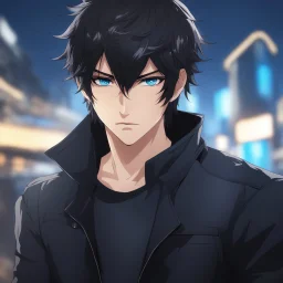 (masterpiece), (anime style), award winning, close up, centered, headshot, looking toward camera, messy black hair, young man, blue eyes, modern, dynamic lighting, ultra detailed, (epic composition, epic proportion), professional work, black clothes