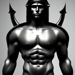 Muscular man sculpture, background = BLACK with a bit of mist, roman warrior, armor, helmet