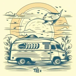 A retro camper van parked by the ocean, nostalgic, carefree, golden hour lighting, T-shirt design graphic, vector, contour, white background. WITH A FISH BEHIND IT AND WORDS\"Summer is a time to relax \"IN WHIT LET-TERS.THE BACK