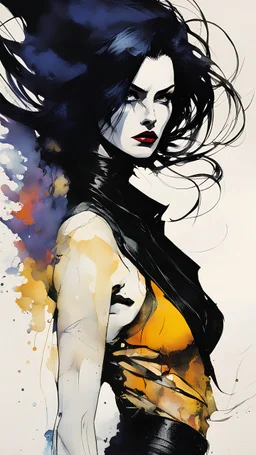 an Abstract Expressionist, ink oil, female, dark gothic assassin , La Femme Nikita, Aeon Flux, close up, full body, portrait illustration, in the style of Bill Sienkiewicz, Egon Schiele, Mike Mignola, and Jean-Giraud Moebius, with highly detailed hair and facial features, in vibrant chromatic color,