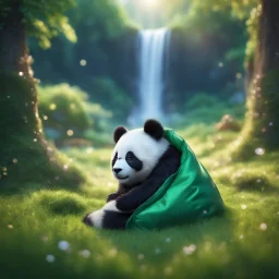 pen outline, waterfall, panda in luxury sleeping bag on green lawn in magical forest ,bokeh like f/0.8, tilt-shift lens 8k, high detail, smooth render, down-light, unreal engine