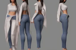 Female characters design mode sheet often have softer curves and a more hourglass figure. Consider the proportions of the bust, waist, and hips to create a feminine silhouette. full anatomy with modern cloth like jeans and t shirt.