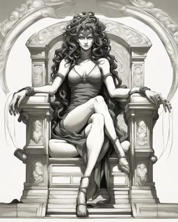 full-length, detailed persona, sword in hand, gorgon medusa, sitting on a throne in a relaxed pose