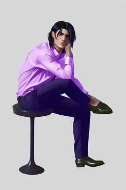 A guy with black hair, sitting on a chair, wearing a beautiful white shirt with pleats. in trousers with pleats