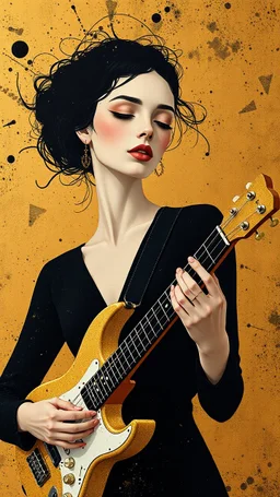 minimalism,Abstract black and gold minimalism geometric surreal beautiful fashion portrait playing the guitar ,splash art explosion,minimalist surreal surrounding background,surreal lonely depth,deep soul spirit,fantasy surreal geometry,flat,utopia,album art,cover art,album cover,cinematic,8k,epic movie still,sharp focus,by Gustav Klimt,pascal blanche,rutkowski,repin,artstation hyperrealism painting concept art of detailed character,design matte painting,leaf, Busch painting style