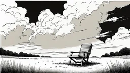 broken wooden chair, anime, monochrome, black background, ink, simple, maximum quality, broken hinge, barely functioning, centered on frame, far view, in the middle of a grassy hill, white sky with cumulonimbus
