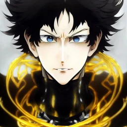 Detailed anime portrait of soulland from my hero academia, gold hair and golden eyes, black suit, intricate details, full body portrait, keep head in frame, slight smile, black Japanese motif, concept art, highly detailed, digital painting, concept art, sharp focus, illustration, art by Yoji Shinkawa, WLOP and greg rutkowski and alphonse mucha and artgerm and yanjun Chen and Junji ito and Makoto Shinkai, HDR, octane render